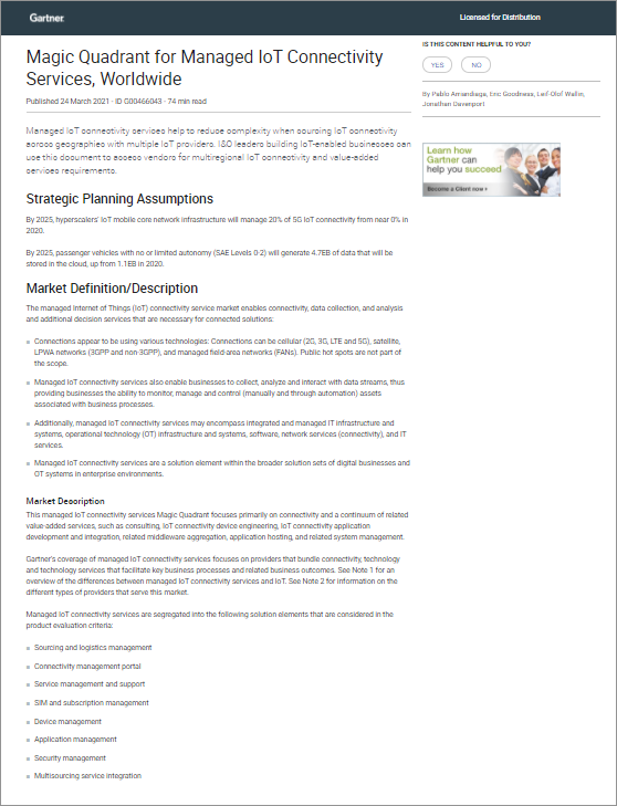 2021 Magic Quadrant for Managed IoT Connectivity Services, Worldwide